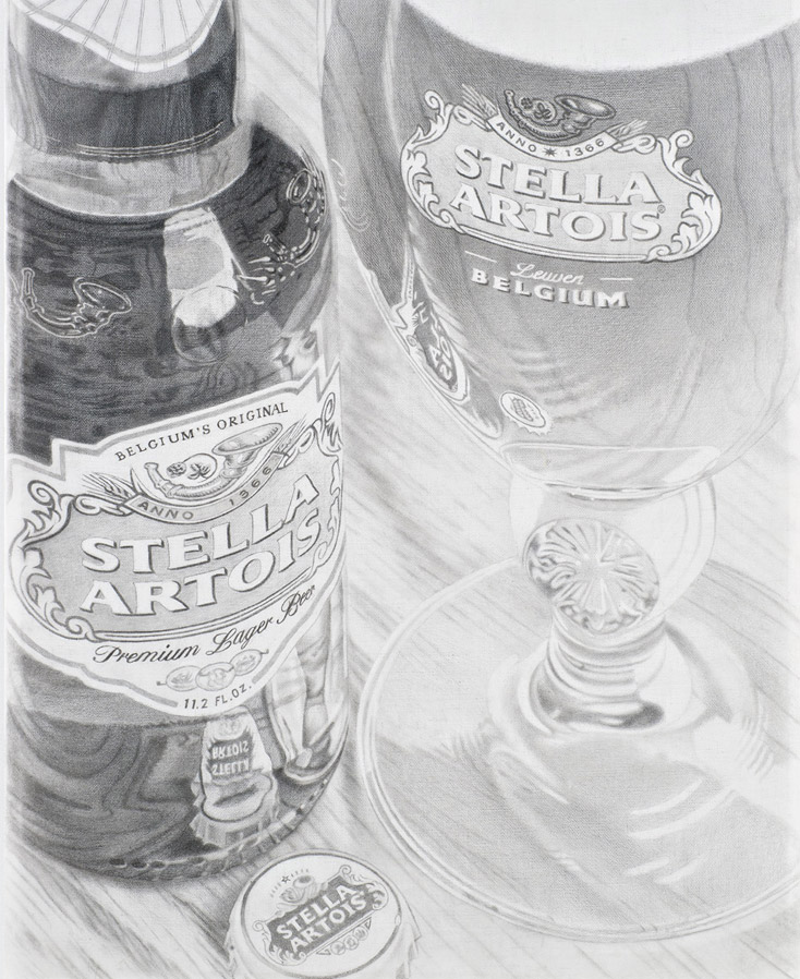 photoreal painting Stella Artois pencil sketch